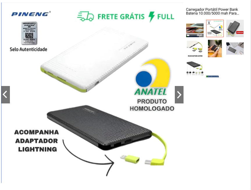 Carregador Portátil Power Bank Bateria 10.000/5000 mah Para Android Universal