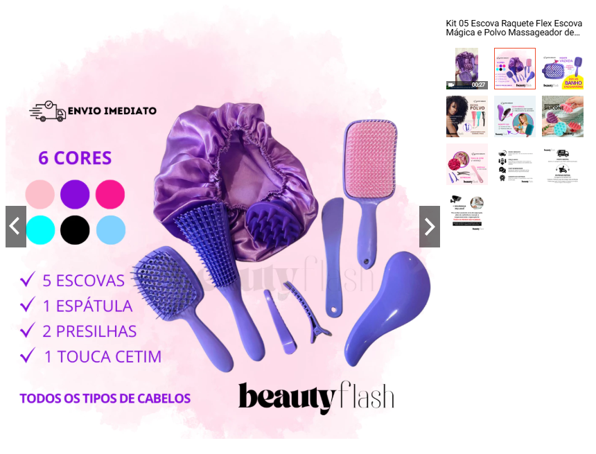 Kit 05 Escova Raquete Flex Escova Mágica e Polvo Massageador de Silicone Touca de Cetim Beauty Flash