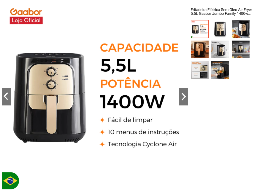 Fritadeira Elétrica Sem Óleo Air Fryer 5.5L Gaabor Jumbo Family 1400w 127V/220V Vintage